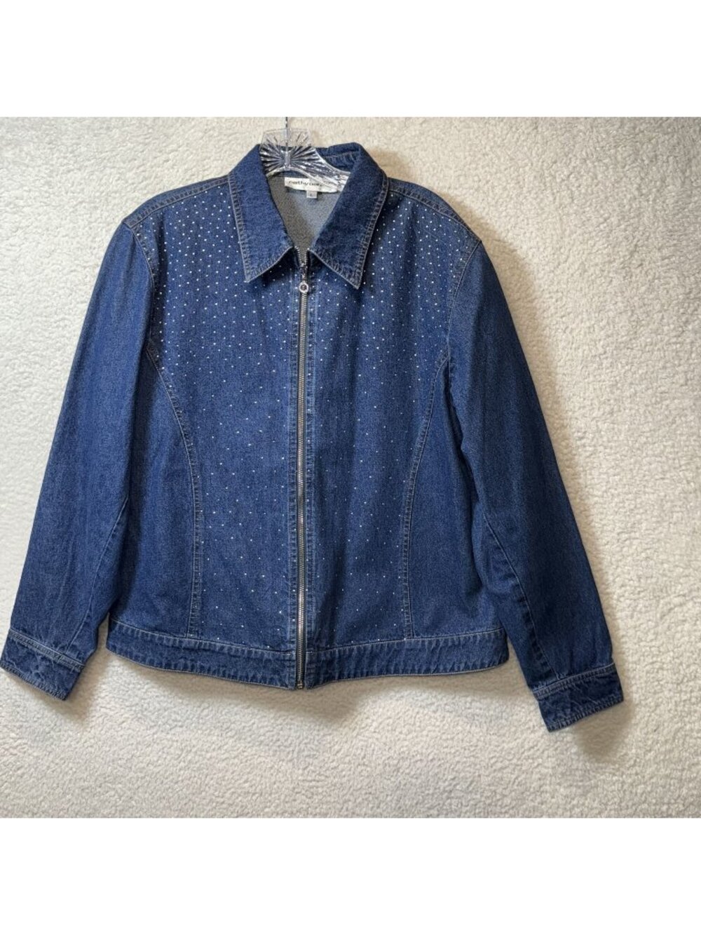 Cathy Daniels Womens Denim Studded Jacket L 100% Cotton Zip-Up Front Blue Casual